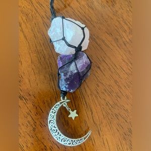 Rose quartz& amethyst dangling moon car charm